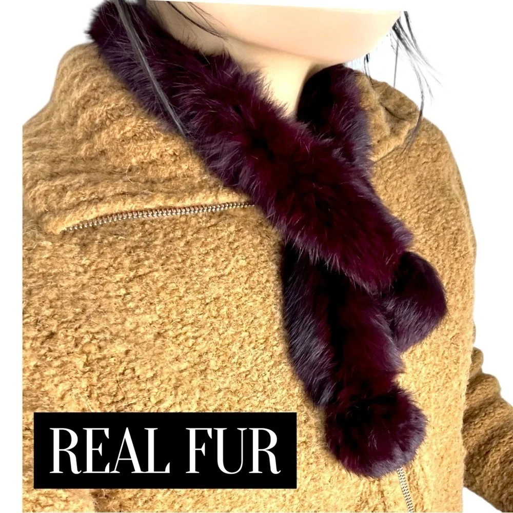 100% REAL FUR Luxurious Knitted Burgundy Wrap Scarf Pom Pom Soft Cozy